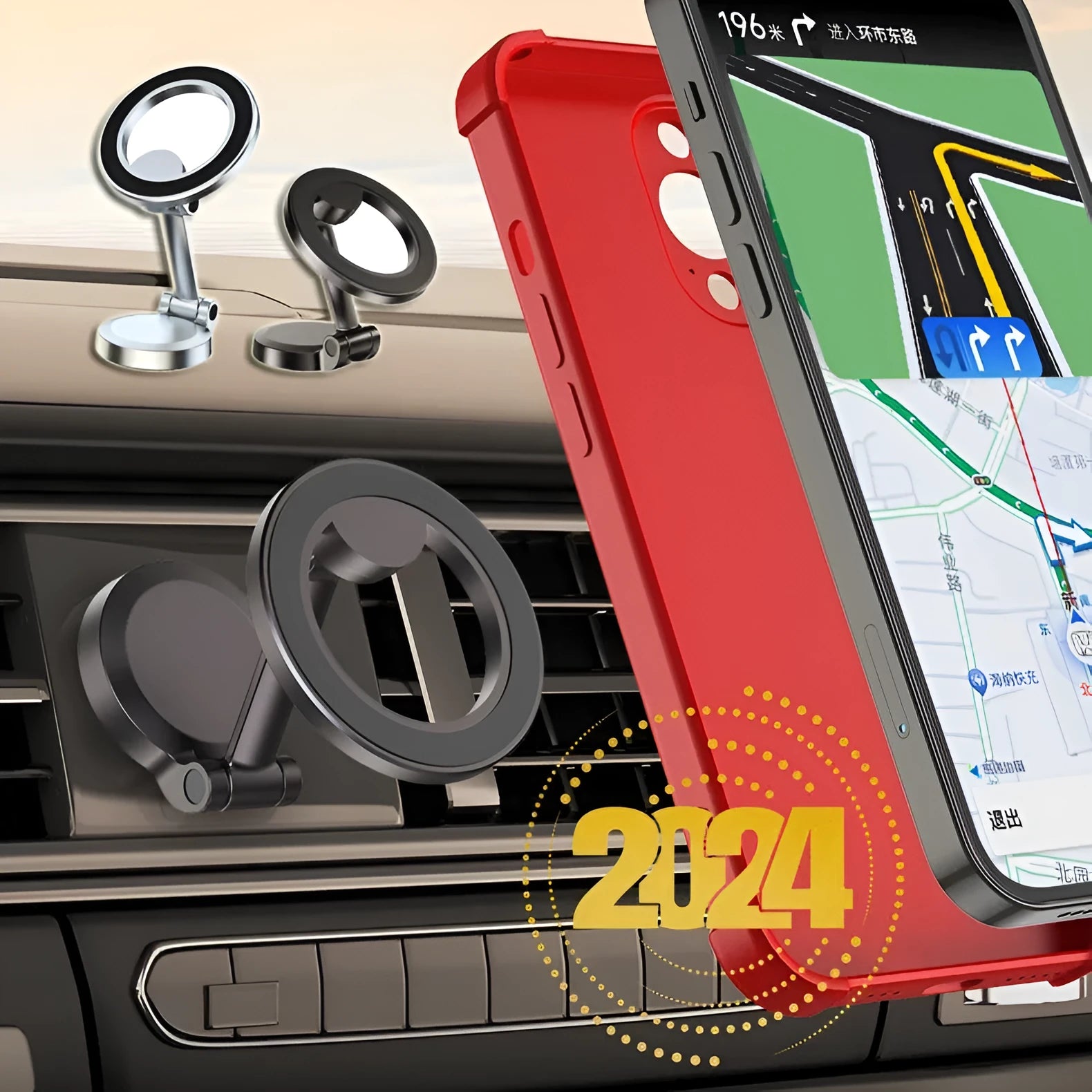 All-metal foldable magnetic car phone mount in Qian colour on vehicle dashboard