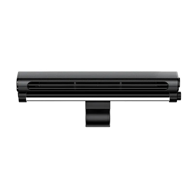 Black bladeless USB fan with lighting lamp and laptop screen clip attachment for computer cooling