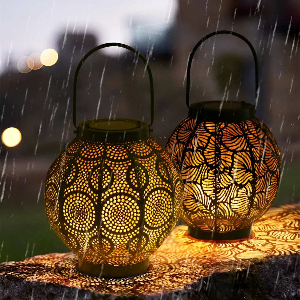 JYL3360 solar-powered decorative iron courtyard lantern with warm white LED lighting