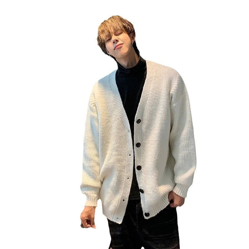 Men's solid colour V-neck cardigan sweater in a loose casual fit.