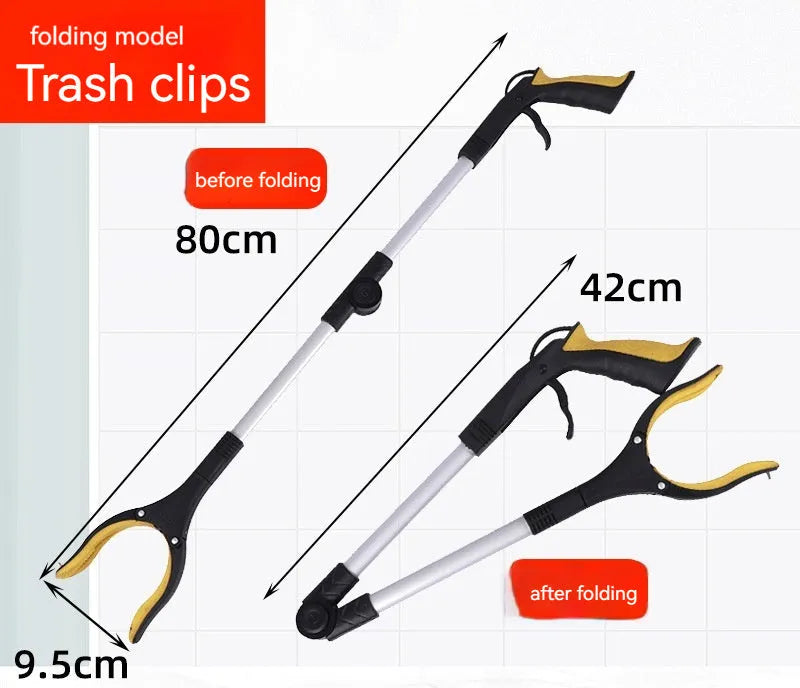 Folding silver aluminium garbage clamp with blue handle extended to 80cm length