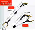 Folding silver aluminium garbage clamp with blue handle extended to 80cm length