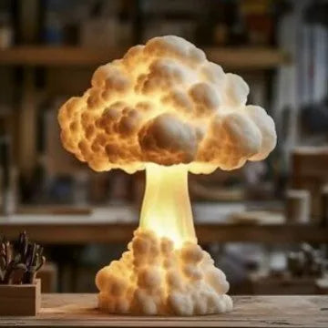 Mushroom cloud shaped modern art table lamp with USB power cable on a table.