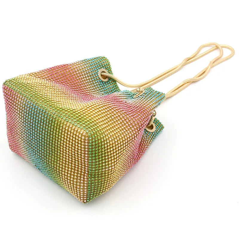 Rhinestone rainbow bucket diamond bag in soft fabric with colour options for evening accessories