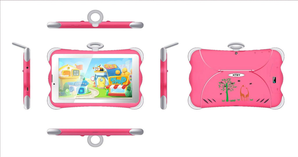 7-inch children's learning tablet in cartoon colours with stand, showing 3G calling and Bluetooth features