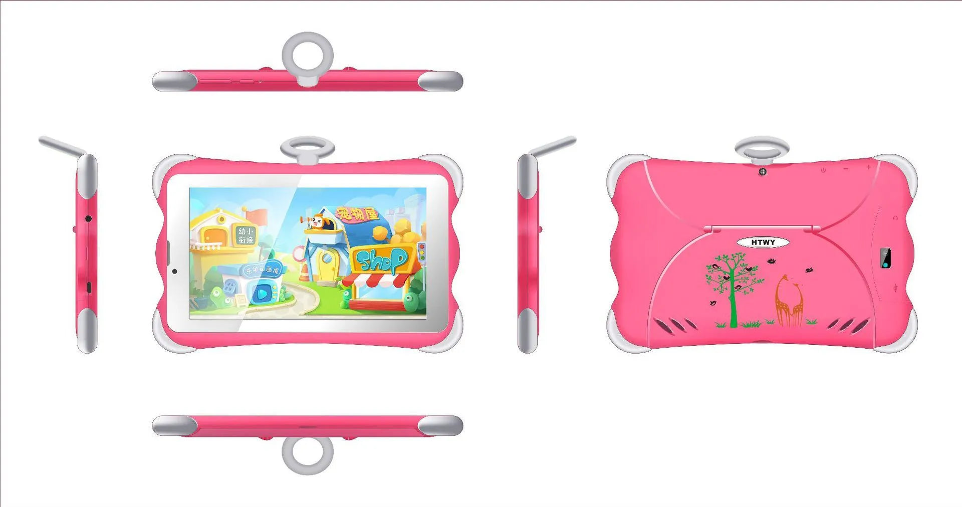 7-inch children's learning tablet in cartoon colours with stand, showing 3G calling and Bluetooth features