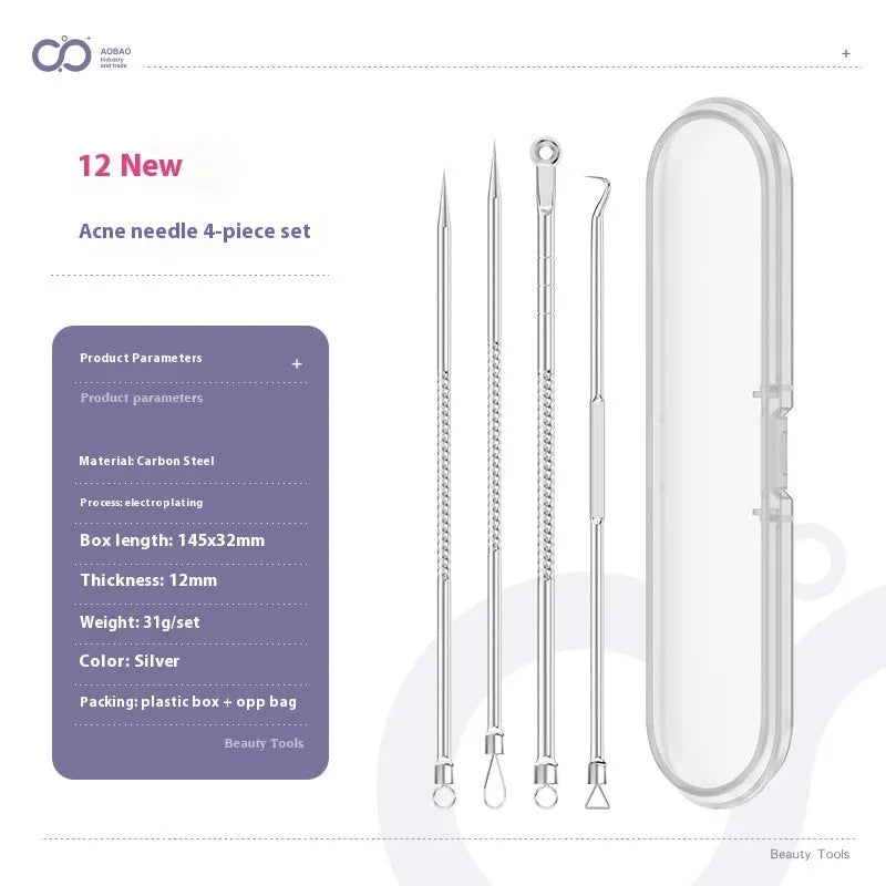 Four metal acne needles with ultra-fine pointed tips laid out in a set.