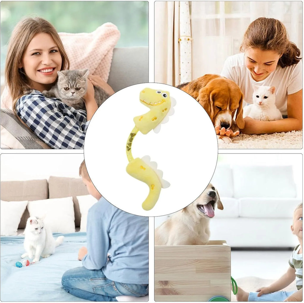 Set of four cat toys including rope, spring, kicker and plush mouse toys in pink, purple or yellow colours