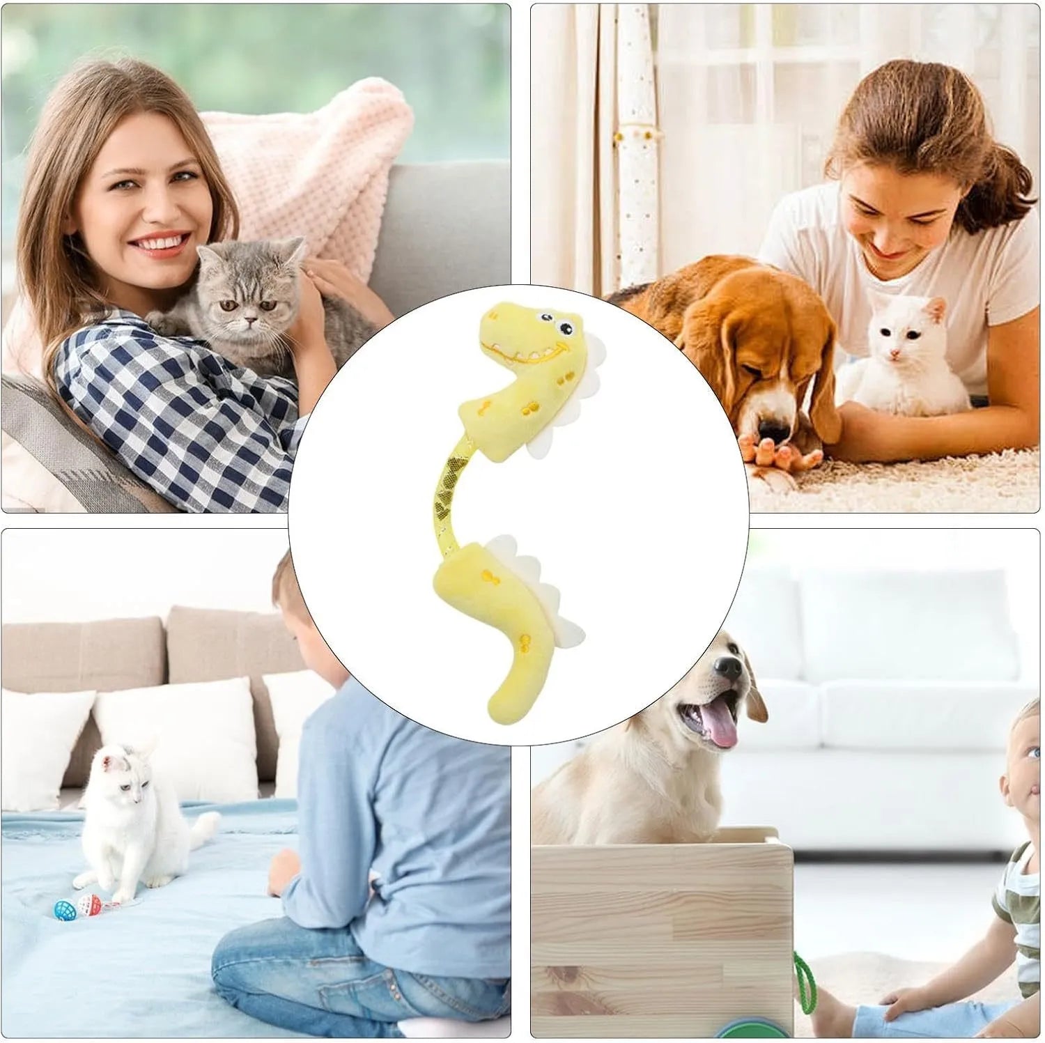 Set of four cat toys including rope, spring, kicker and plush mouse toys in pink, purple or yellow colours