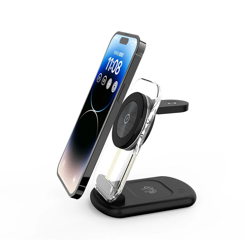 Transparent folding magnetic wireless charger showing internal components with QC3.0 fast charging support