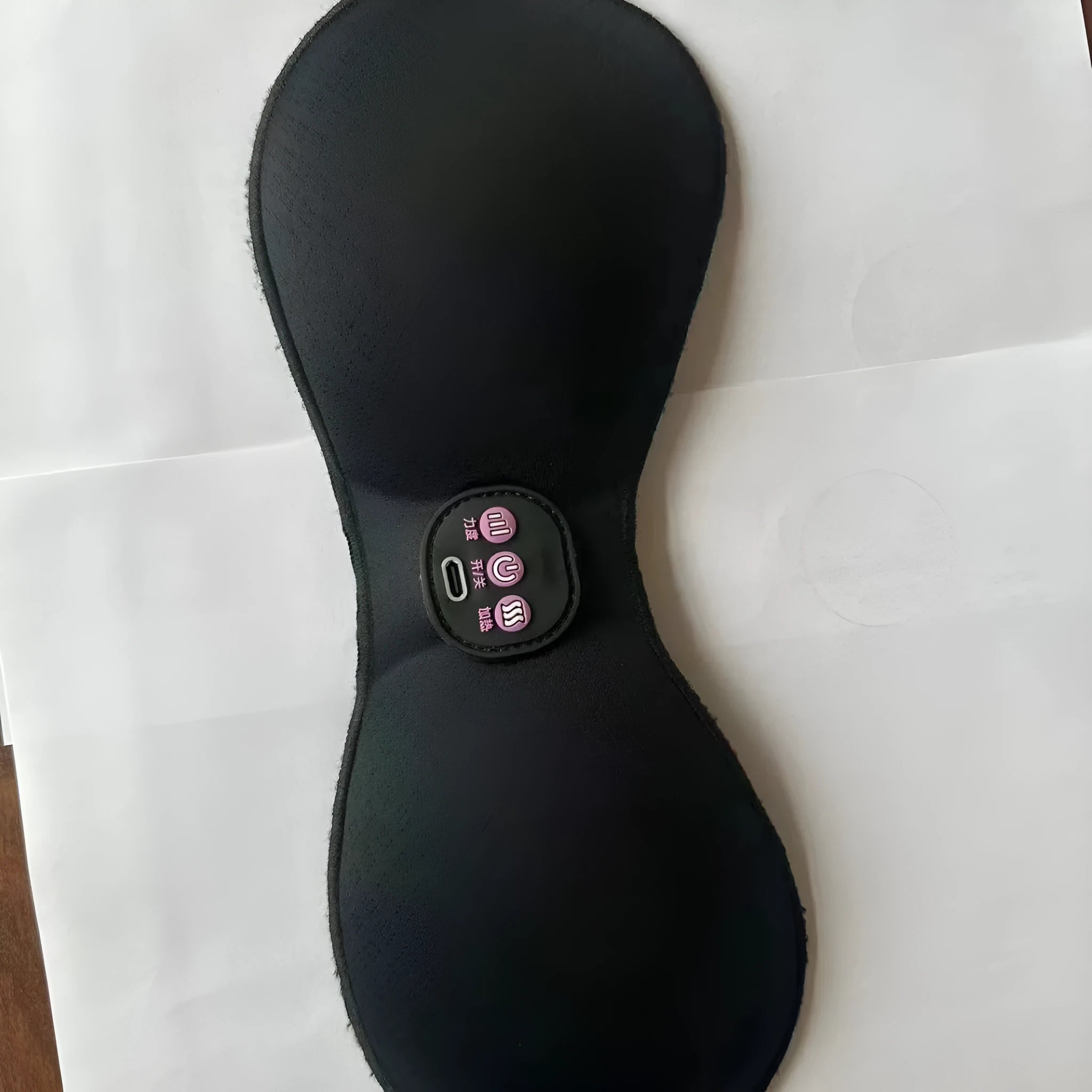 Black electric massage bra inner cushion with three-key control panel and silicone chest stickers