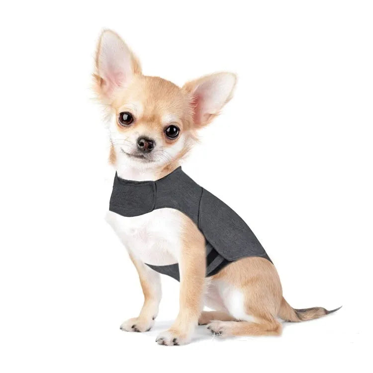 Heather grey dog anxiety jacket warm vest in brocade cotton ponte-de-roma fabric