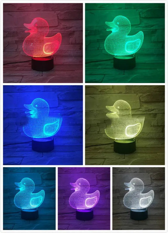 Little yellow duck 3D acrylic night light with remote control on ABS base, showing multi-colour glow.
