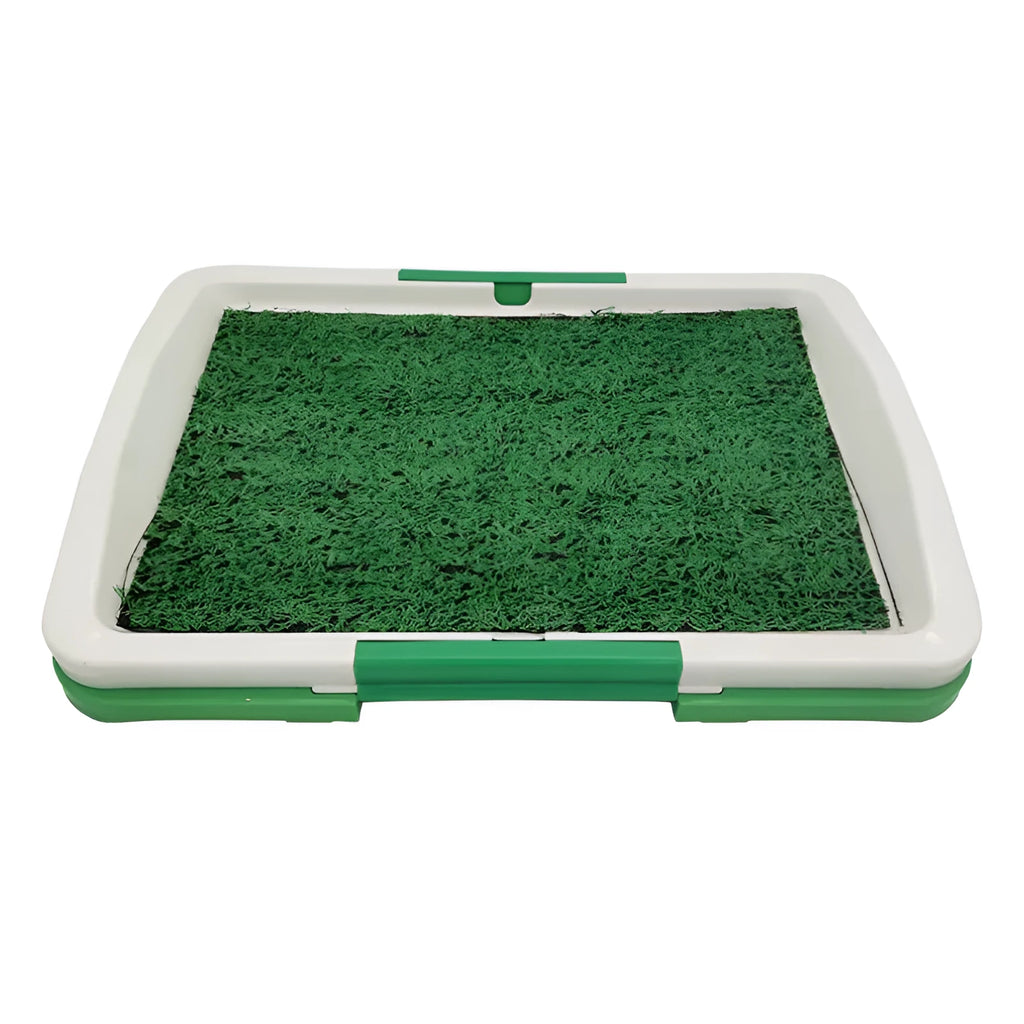 Green synthetic turf dog grass patch with three-layer tray for indoor puppy toilet training