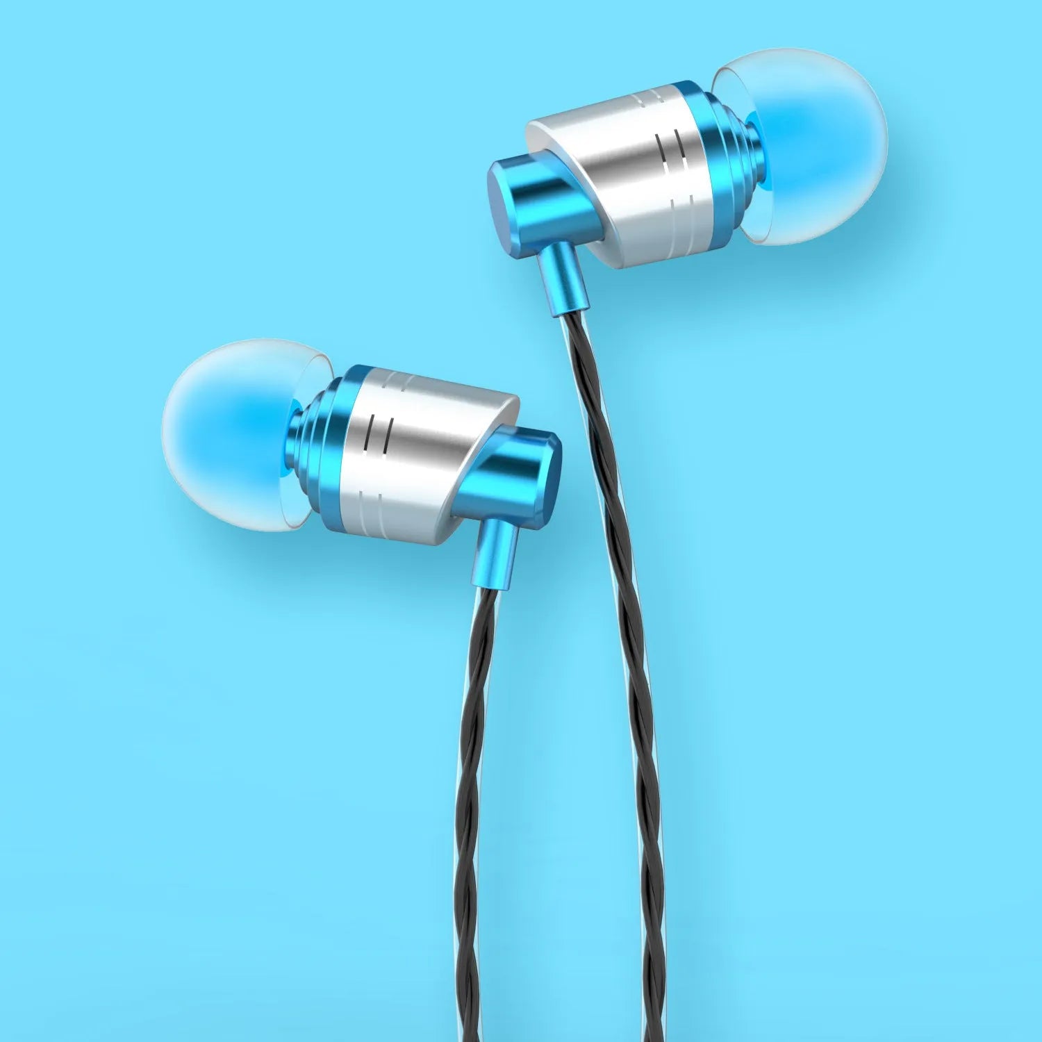 Black, blue, and red wired in-ear gaming headset with microphone and 3.5mm plug