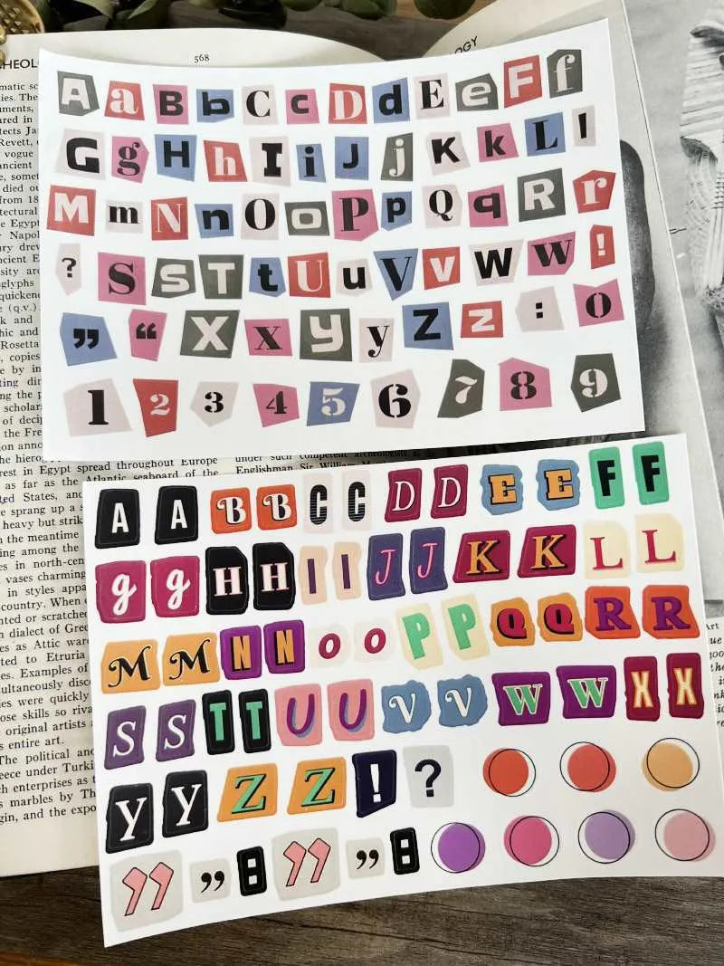 Decorative English letters and numbers sticker collection with weekday words for journaling and craft projects