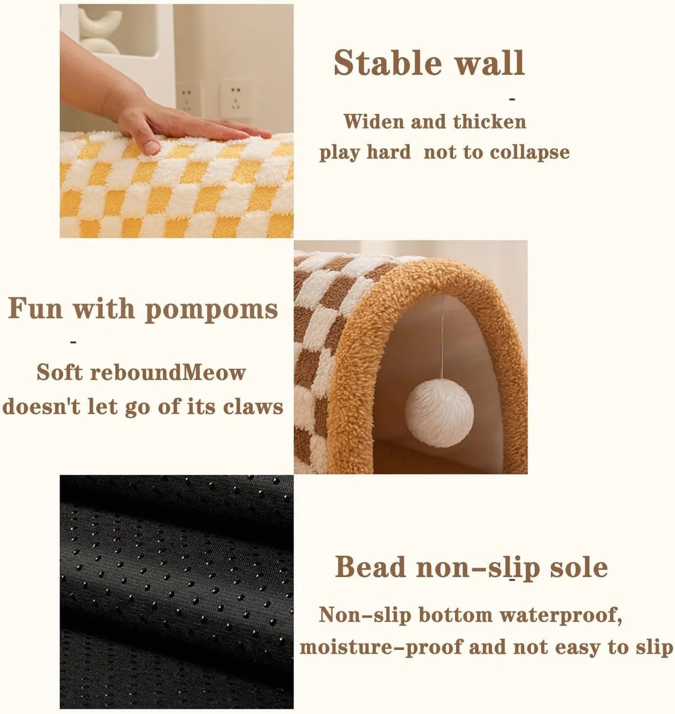 Brown plaid plush cat tunnel bed with a zippered entrance and central mat on a wooden floor.