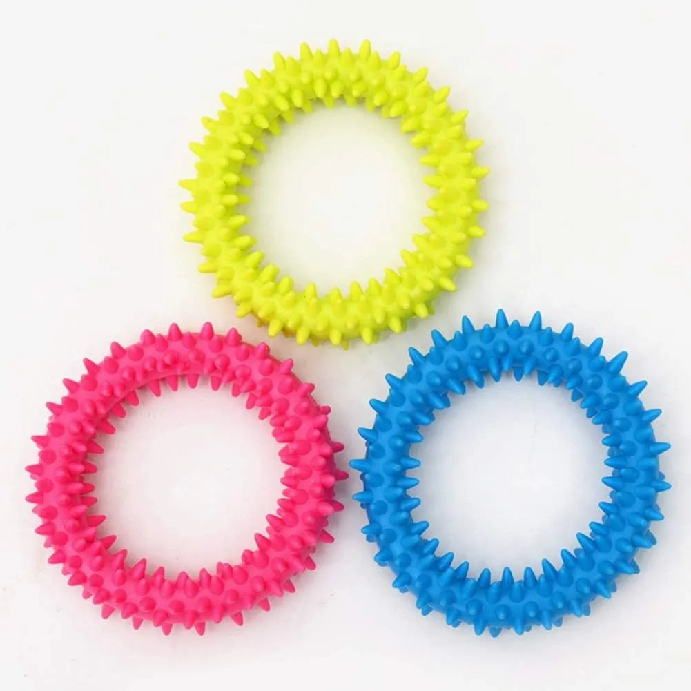 TPR spiky circle dog chew toy 9.5cm diameter in six colour options