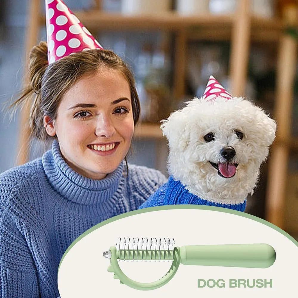 Self-cleaning cat brush with dinosaur shape and stainless steel pins for grooming