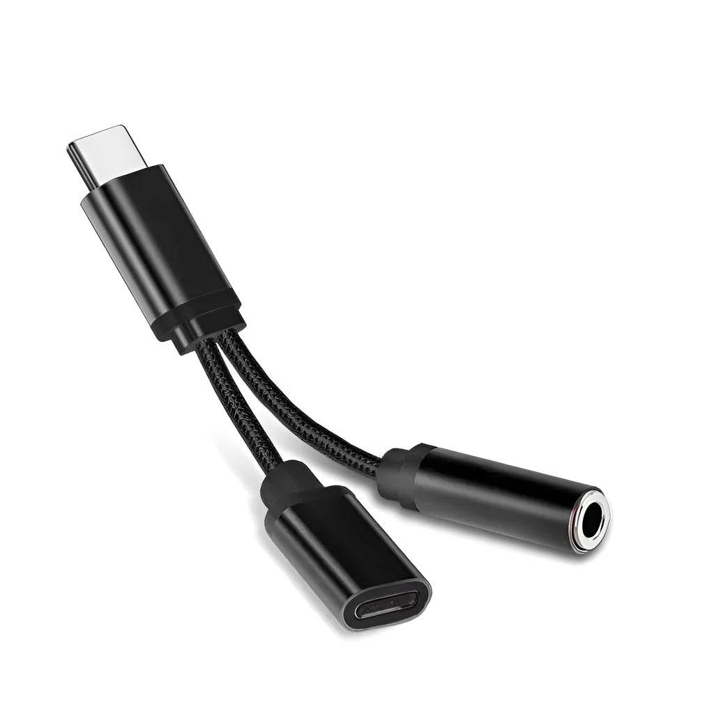 Type-C to 3.5mm headphone adapter cable in black, pink, silver, and white colour options