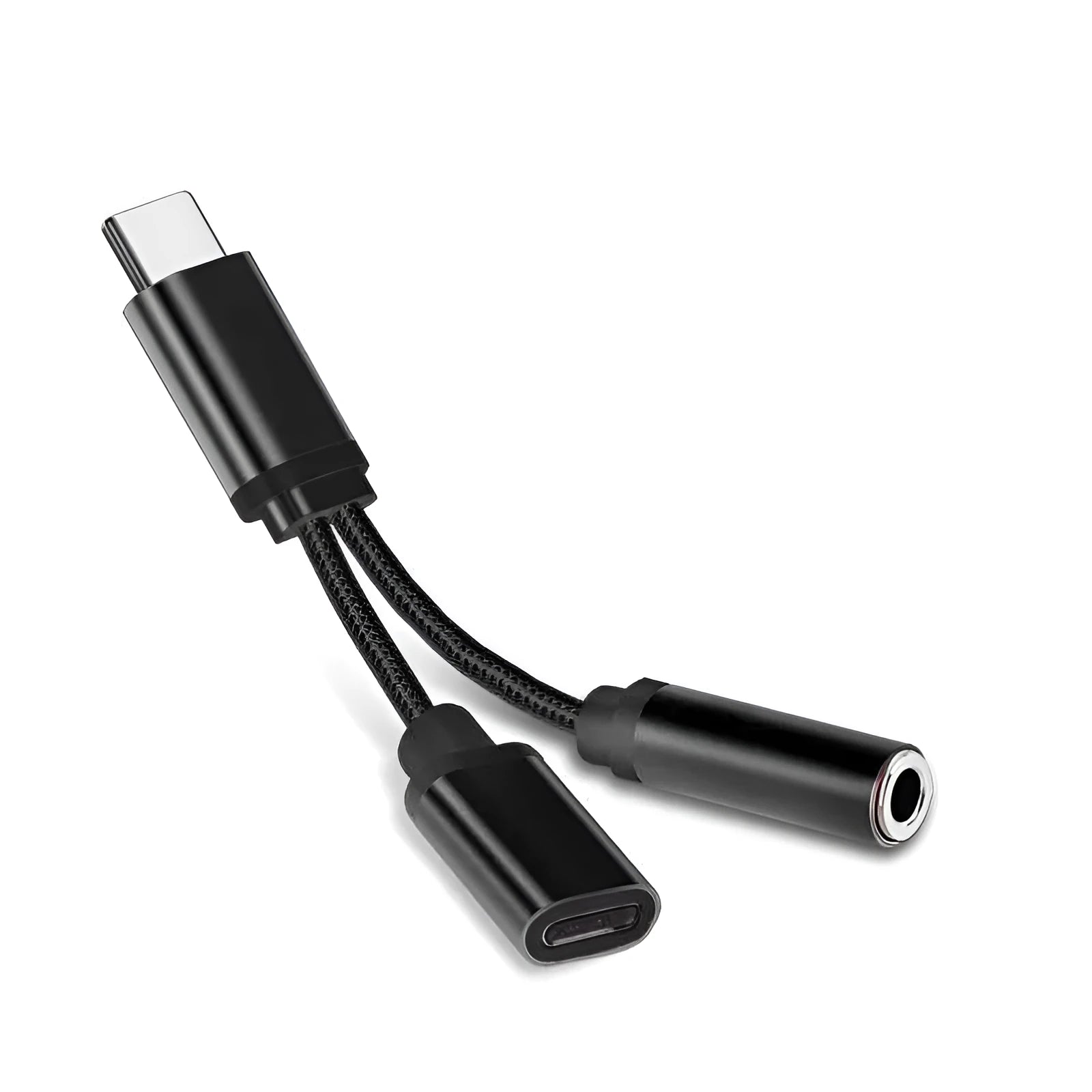 Type-C to 3.5mm headphone adapter cable in black, pink, silver, and white colour options