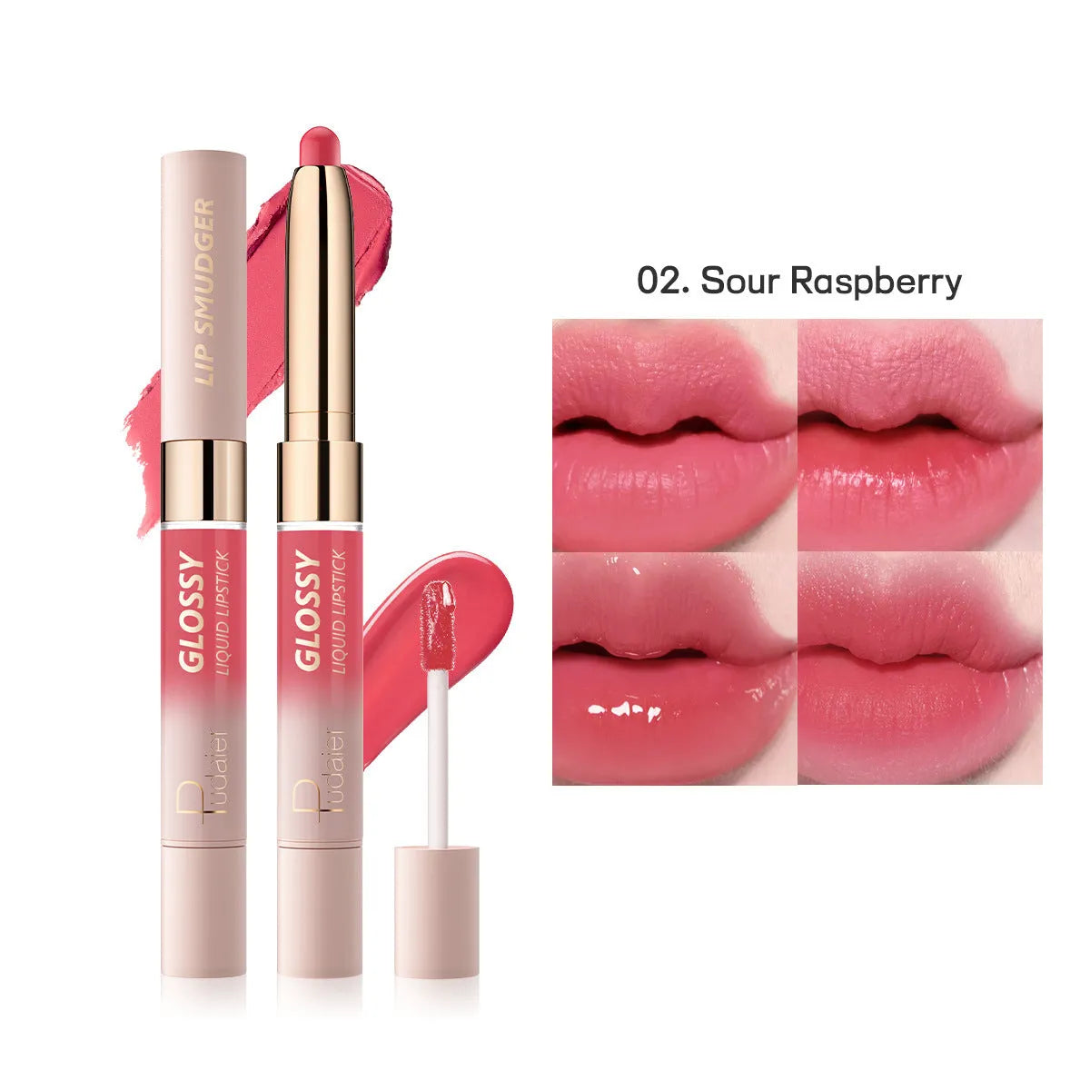 Double-headed lipstick lip gloss in matte finish showing ten colour options with moisturising formula