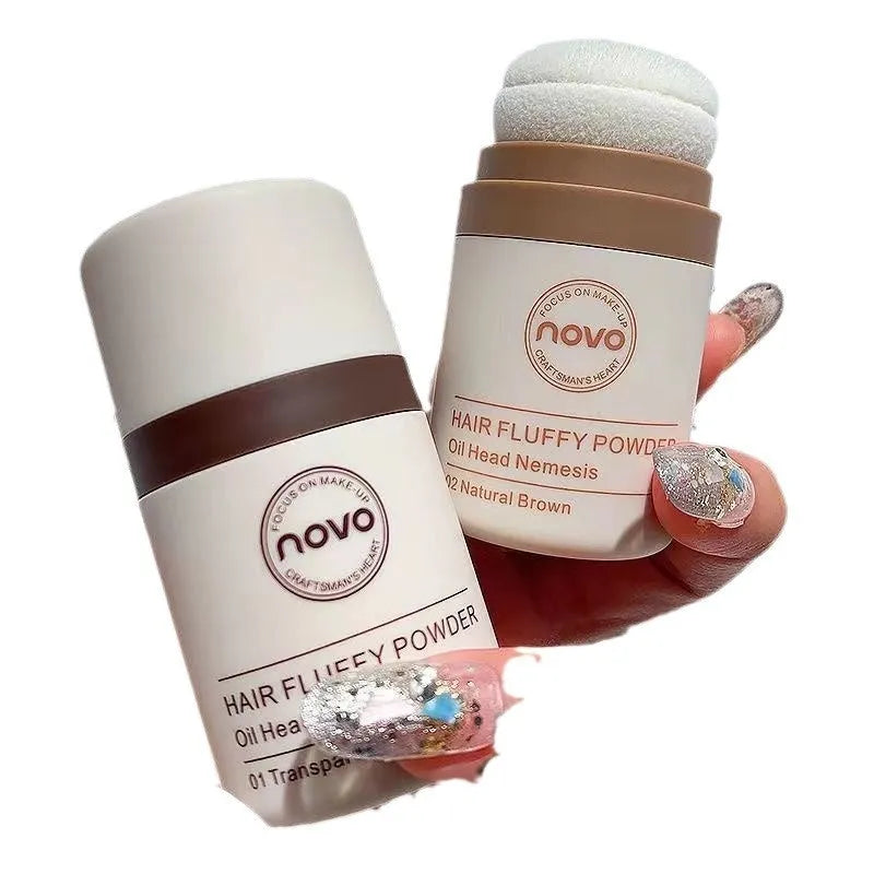 Mattifying face powder container showing natural transparent and brown shade options for oil control