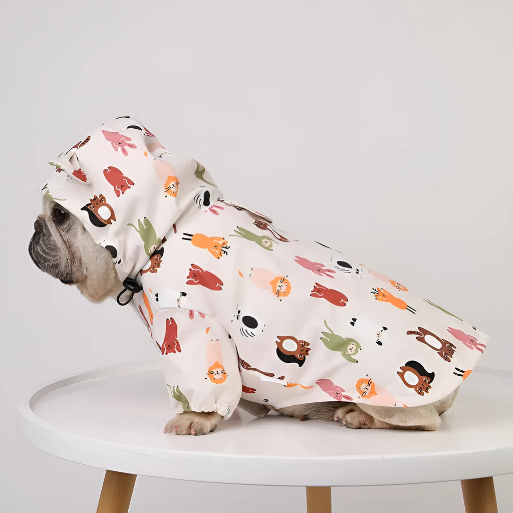 Beige cartoon dog raincoat with waterproof PU coating in cat head or small animal print designs