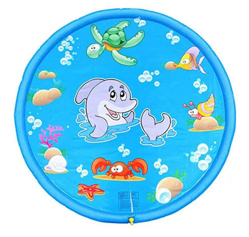 Blue children's water spray play mat with marine animal prints on grass
