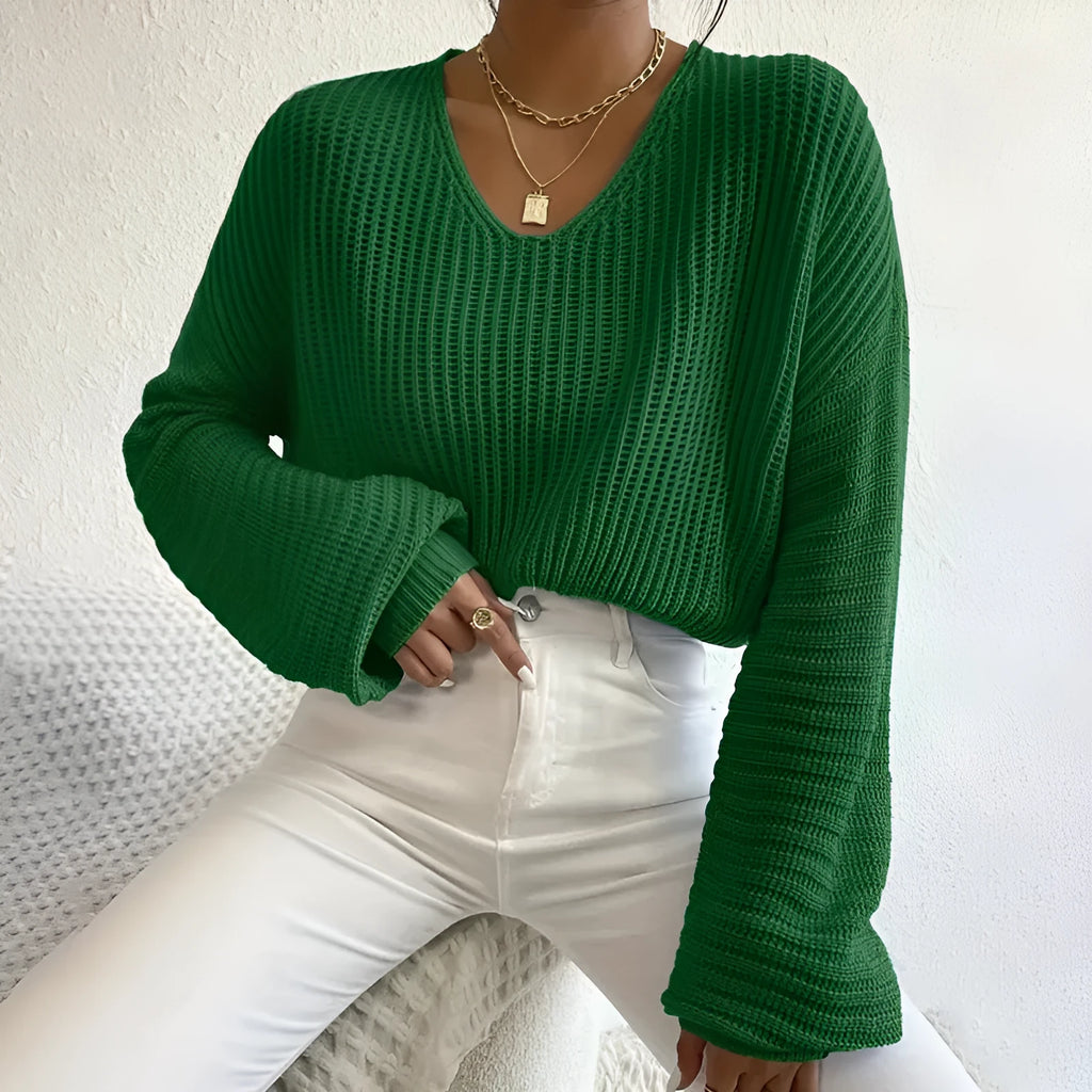Women's solid colour polyester pullover top with long sleeves in loose casual fit
