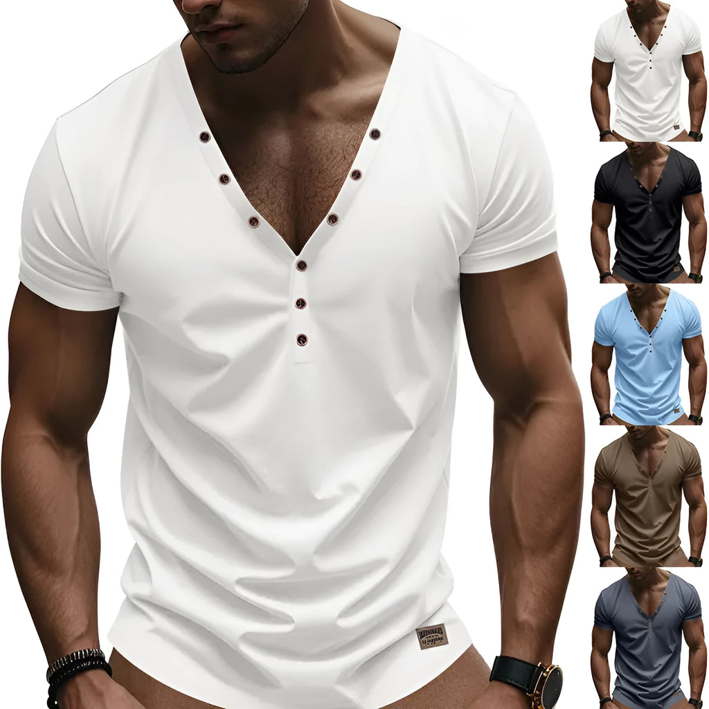Men's loose fit thin V-neck pullover top in a solid colour with button detail.