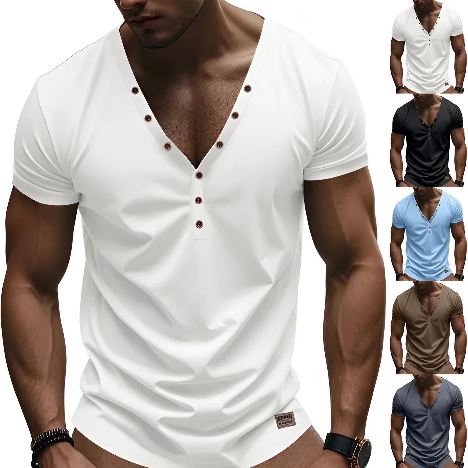 Men's loose fit thin V-neck pullover top in a solid colour with button detail.