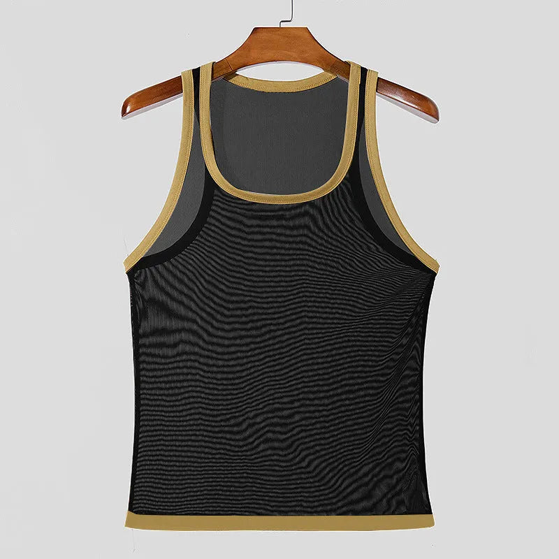 Men's solid colour polyester mesh fitness vest in white, showing straight hem design.