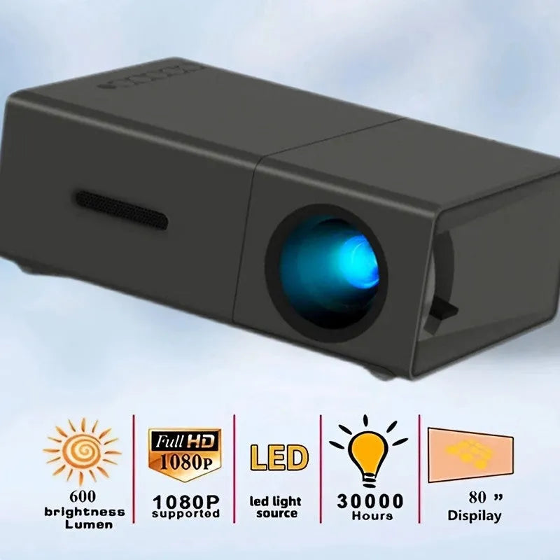 M100 mini LED home projector in black and white showing 100-inch projection with international power cables