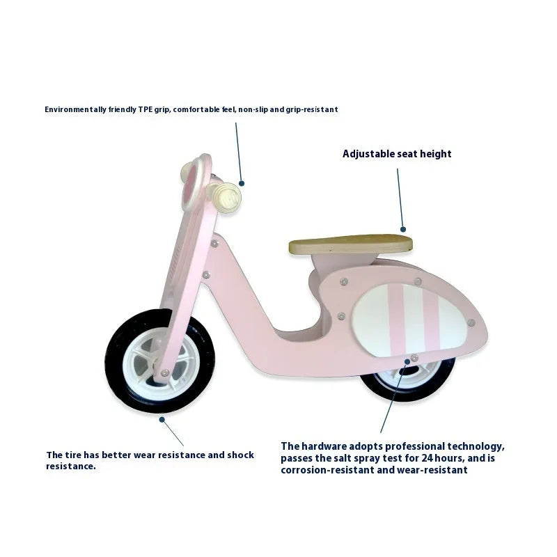 Pink wooden balance scooter for toddlers aged 1-6 years with 10-inch wheels