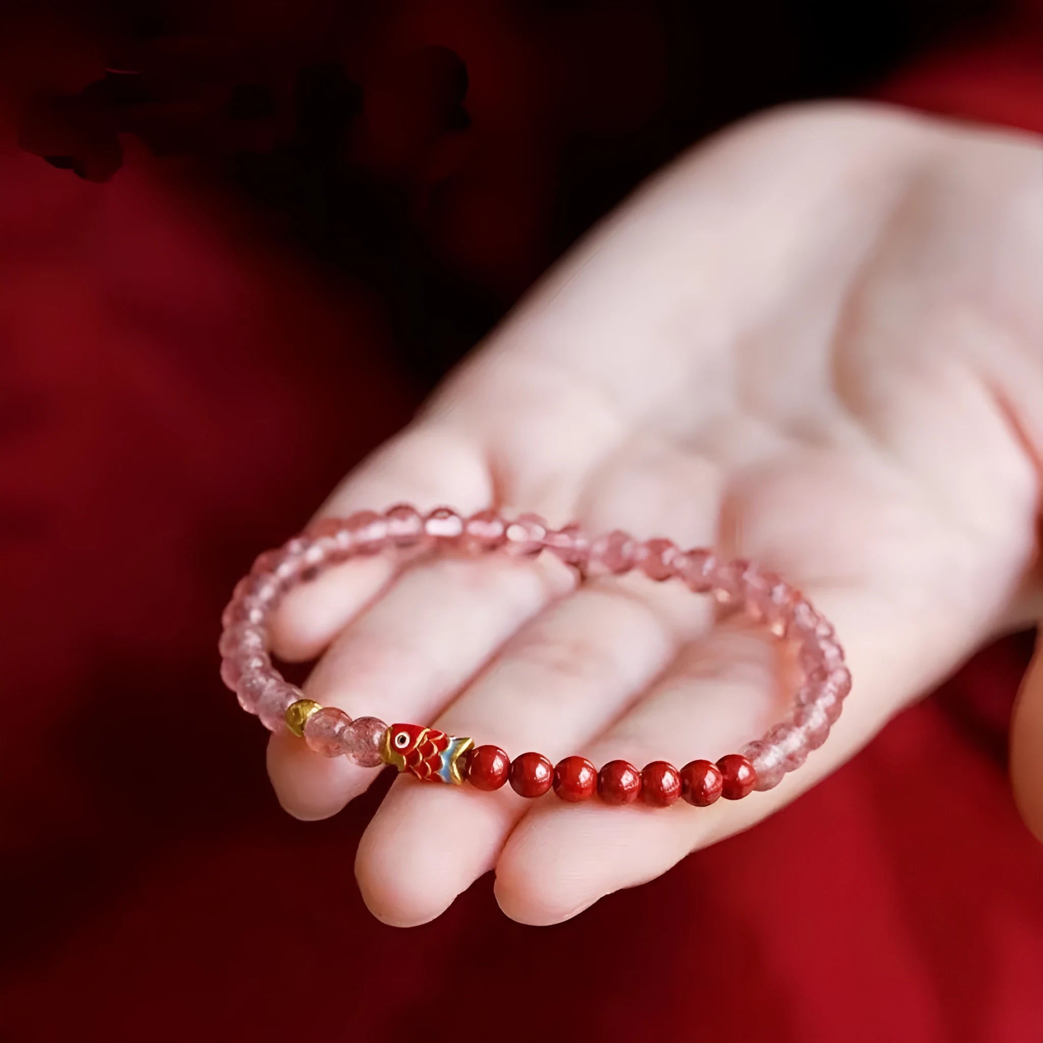 Women's purple cinnabar and strawberry quartz bracelet with dripping oil treatment