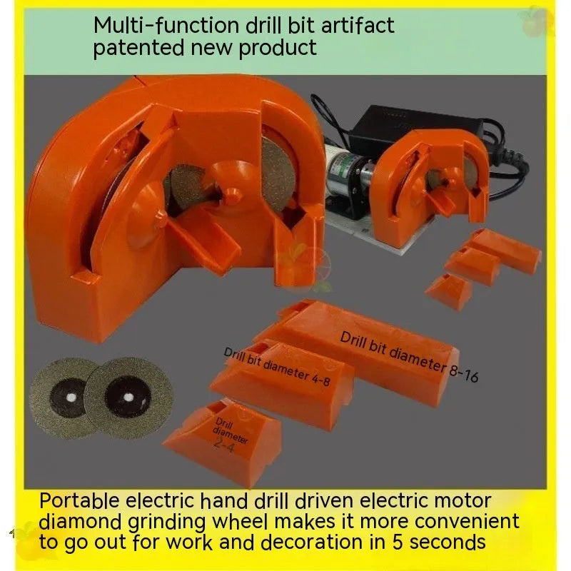 Portable electric sander with orange and black grinding wheels for metal and wood polishing