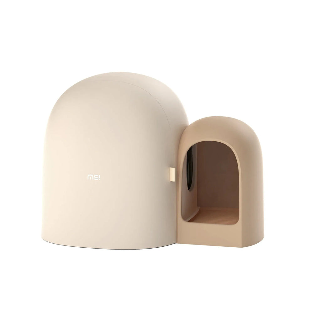 Oversized fully enclosed cat litter box in ABS plastic showing aurora white, moss green, and milk tea colour options.