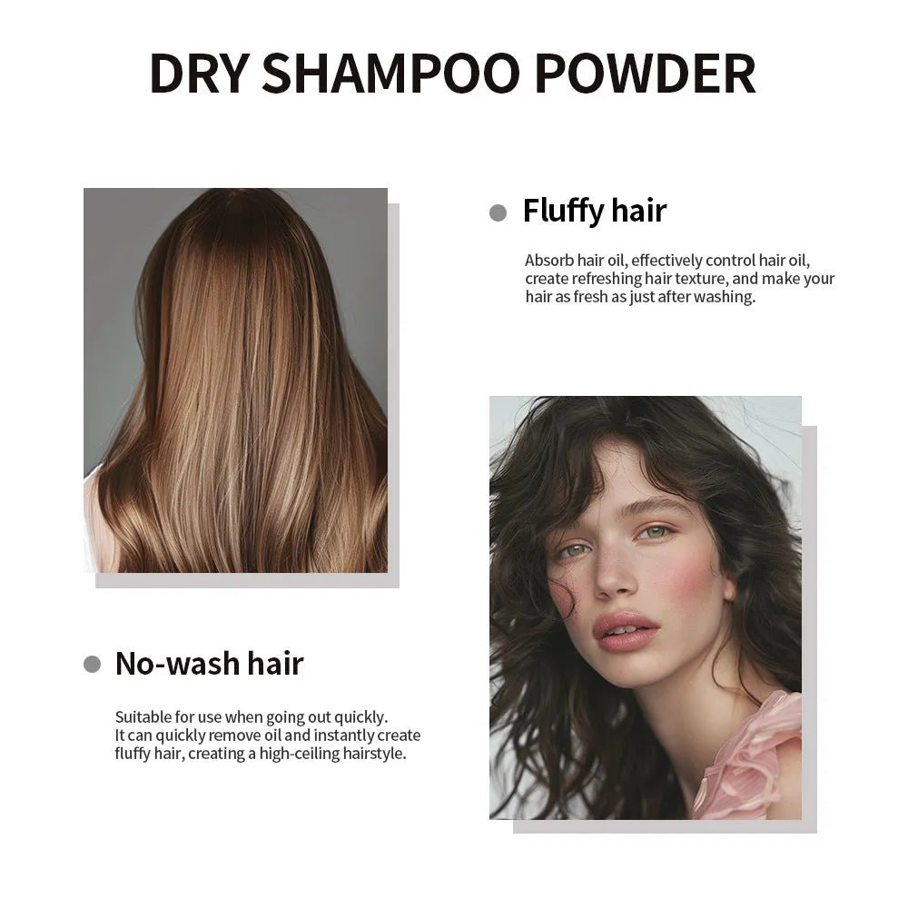 Hair dry cleaning powder kit with 5g content, applicator sponge, and headband mirror in blue packaging