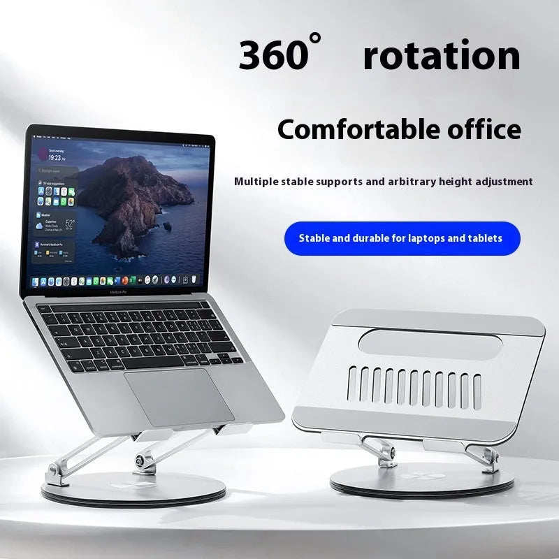 Silver aluminium alloy laptop stand with rotatable top and foldable design on desk