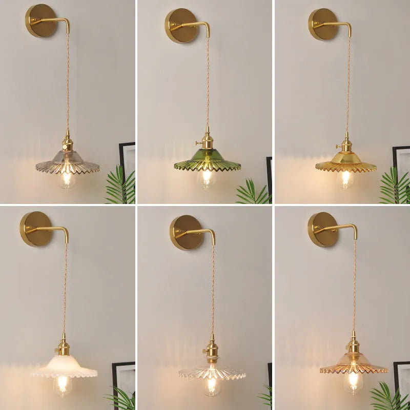Copper retro brass lotus wall lamp with glass shade in one of six colours, 22cm diameter.