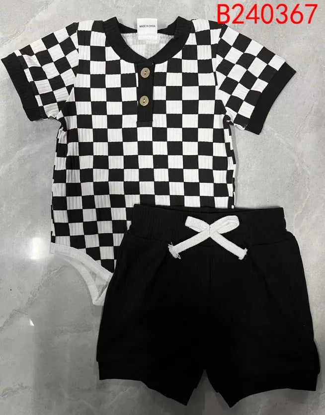 Baby boy cotton two-piece romper set with polo collar and plaid triangle pattern, available in green blue brown black