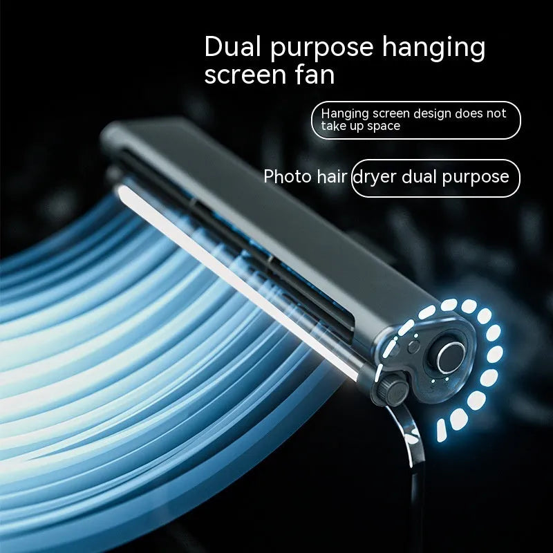 Black bladeless USB fan with lighting lamp and laptop screen clip attachment for computer cooling