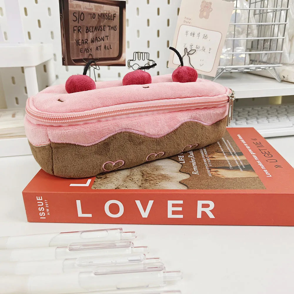 Cherry Cake design velvet plush pencil case with zip closure