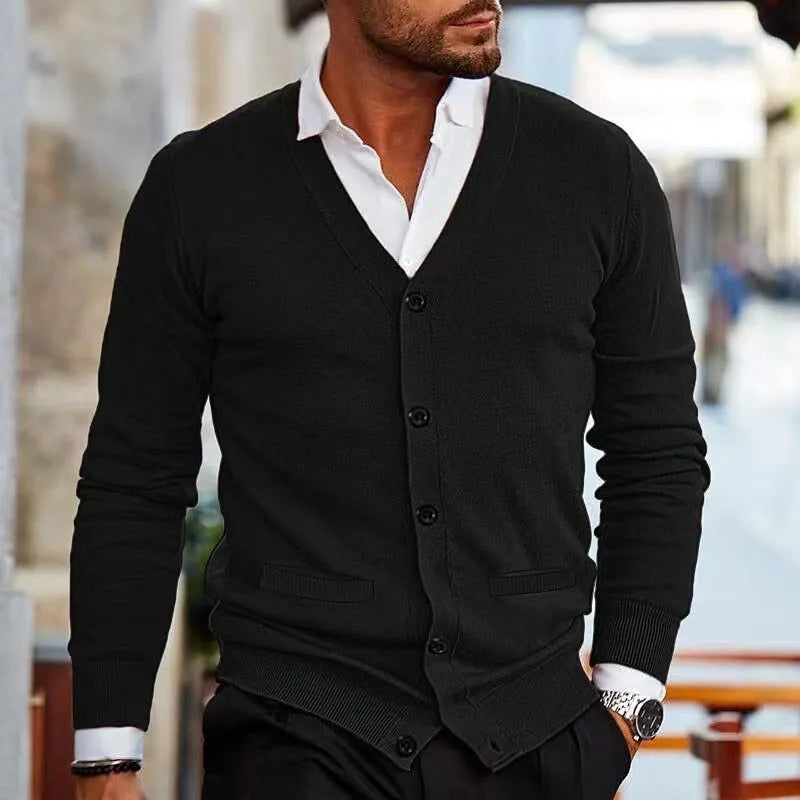 Men's slim fit acrylic cardigan sweater coat in wine red colour showing front button detail