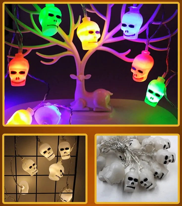 Halloween battery LED string lights showing bat, pumpkin, ghost and spider shapes on a 1.2 metre white wire.