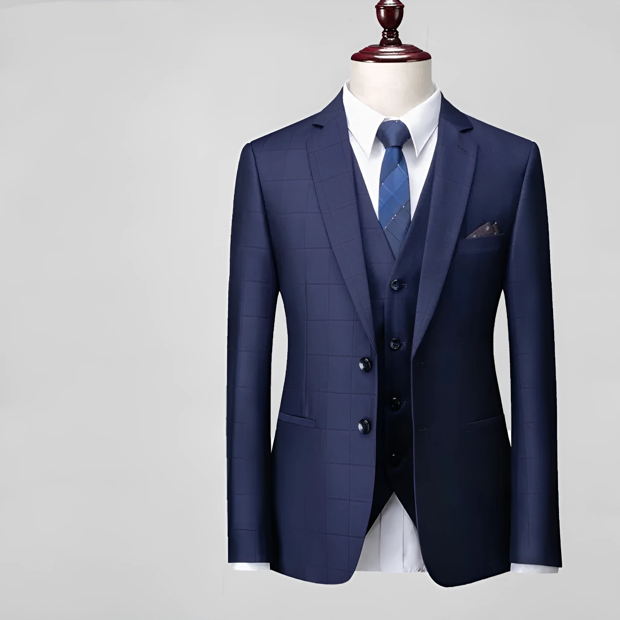 Men's navy blue plaid slim fit three-piece cotton blend suit with jacket, vest and trousers