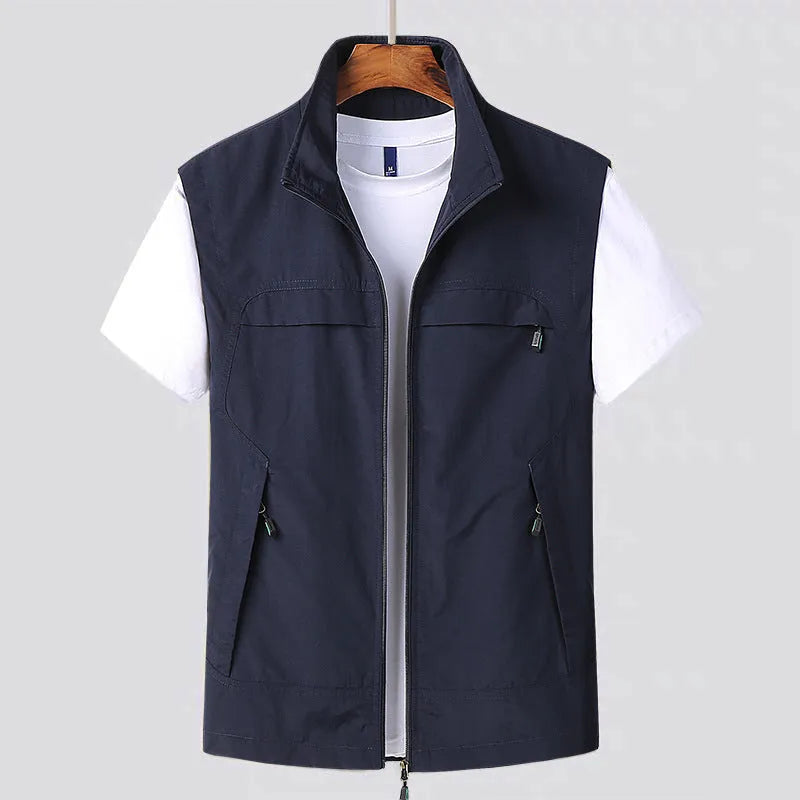 Men's striped waterproof vest with patch pockets and hood in khaki colour
