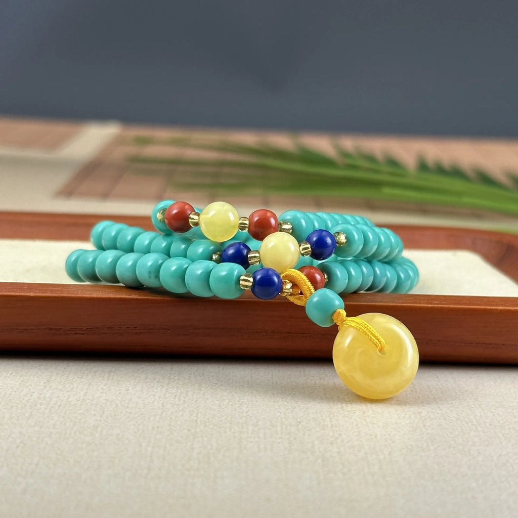 Turquoise stone mesh flower lucky pendant necklace on ball bead chain with adjustable length
