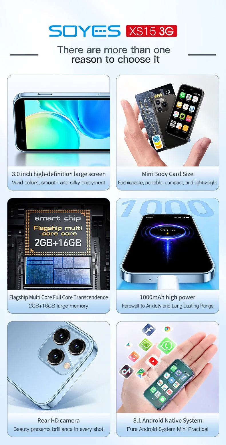 Mini Android smartphone with 30 screen in black, green, or pink purple colours